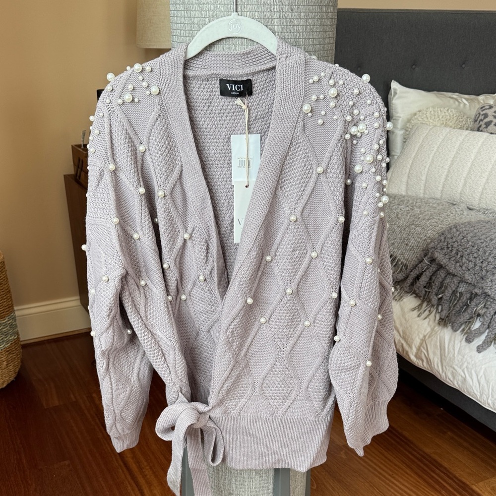 Vici Lavender Pearl-Embellished Wrap Cardigan